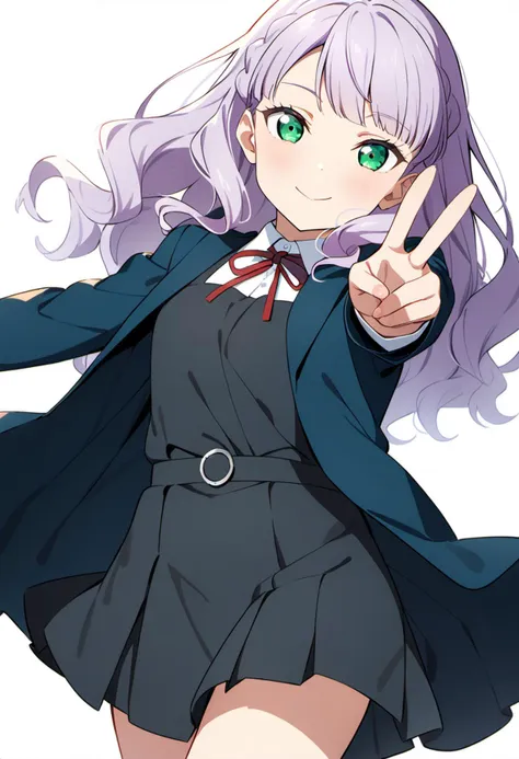 masterpiece, best quality, very aesthetic, absurdres,4K,
<lora:perfection style:0.3><lora:detailed:0.3> perfect,
1girl,  wien margarete,  love live!,<lora:LLChar_Pony_Liella:0.7>
green eyes,
long hair, braid, bangs, purple hair, 
school uniform, yuigaoka school uniform,
winter uniform, ((collarless_jacket)), blue jacket, open jacket,
shirt, white shirt, collared shirt,
grey dress, pinafore dress,
red ribbon, ribbon, neck ribbon,
solo, smile, standing, v,
from front, cowboy shot, feet_out_of_frame,
simple background, (white background:1.8),