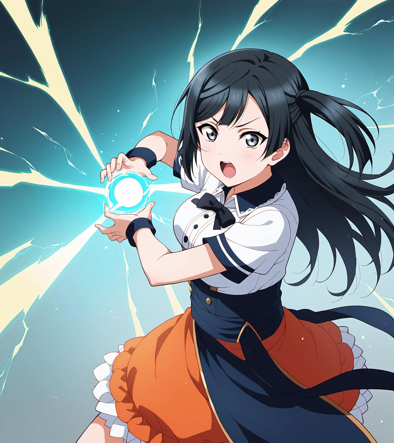 score_9, score_6_up, score_5_up, score_4_up, source_anime, masterpiece, best quality, hires,2D,(love_live!,cute:1.1),big_head,glossy skin,slim,idol_stage,
1girl,yuuki setsuna, black hair, grey eyes, long hair, bangs,one side up, sidelocks, medium breasts,idol_clothes,open mouth, <lora:LLChar_Pony_Niji:0.8>, <lora:kamehameha charge stance:0.8> charge stance, kamehameha charge stance, energy ball, aura, electricity,