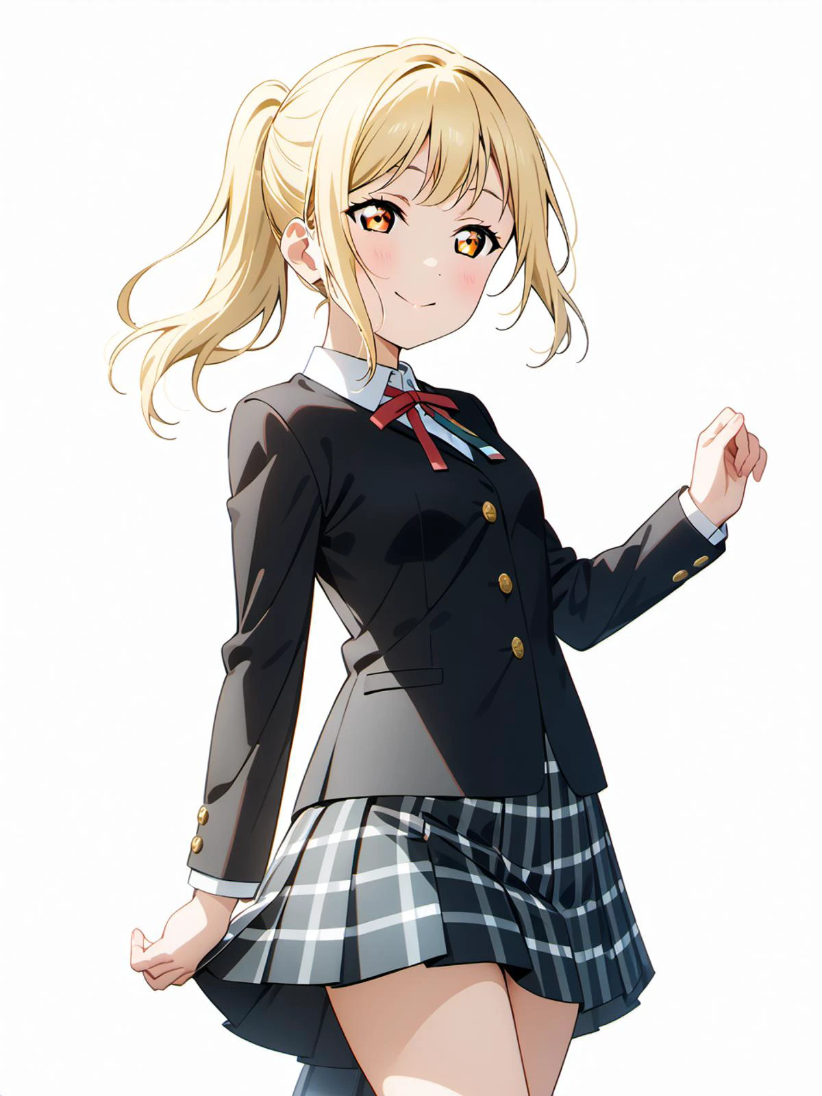 masterpiece, best quality, very aesthetic, absurdres,
<lora:Fixhands_anime_bdsqlsz_V1:0.7>,<lora:HandFineTuning_XL:0.7>,
cinematic lighting:0.1, cinematic postprocessing,
1girl, miyashita ai,, love live!, <lora:LLChar_Pony_Niji:0.7>,
blonde hair, orange eyes, sidelocks, ponytail, bangs, yellow eyes,
school uniform, nijigasaki academy school uniform,
(winter uniform, collarless uniform, black uniform),
(ribbon, neck ribbon, red ribbon),
(skirt, pleated skirt, plaid skirt,),
solo, smile, standing,
from front, cowboy shot, feet_out_of_frame,
simple background, (white background:1.8),
