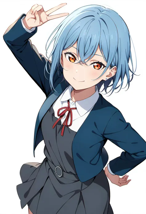 masterpiece, best quality, very aesthetic, absurdres,4K,
<lora:perfection style:0.3><lora:detailed:0.3> perfect,
1girl, wakana shiki,  love live!,<lora:LLChar_Pony_Liella:0.7>
orange eyes, 
light blue hair, short hair, bangs, crossed bangs, hair between eyes,
earrings, jewelry,  stud earrings, 
school uniform, yuigaoka school uniform,
winter uniform, ((collarless_jacket)), blue jacket, open jacket,
shirt, white shirt, collared shirt,
grey dress, pinafore dress,
red ribbon, ribbon, neck ribbon,
solo, smile, standing, v,
from front, cowboy shot, feet_out_of_frame,
simple background, (white background:1.8),