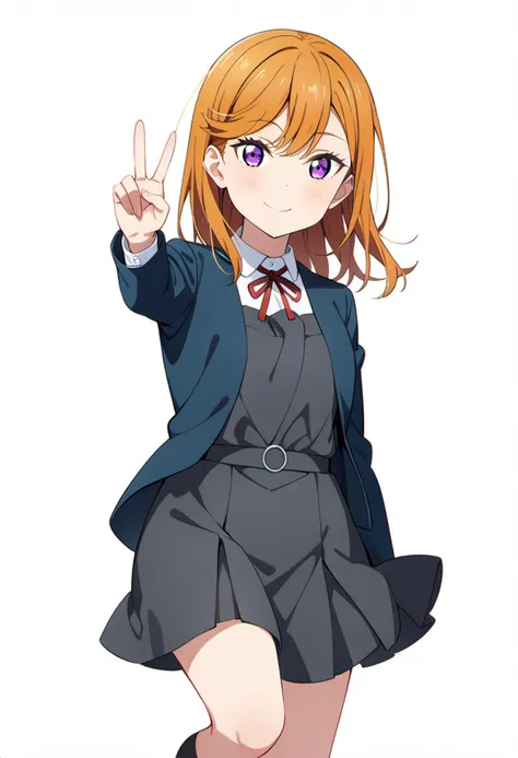 masterpiece, best quality, very aesthetic, absurdres, 4K,
<lora:perfection style:0.3> <lora:detailed:0.3>  perfect,
1girl, shibuya kanon, love live!,<lora:LLChar_Pony_Liella:0.7>
(purple eyes),  (orange hair, bangs),(long hair),
(school uniform, yuigaoka school uniform),
(winter uniform, (((collarless_jacket))), blue jacket, open jacket),
(shirt, white shirt, collared shirt),
(grey dress, pinafore dress),
(red ribbon, ribbon, neck ribbon),
solo, smile, standing, v,
from front, cowboy shot, feet_out_of_frame,
simple background, (white background:1.8),