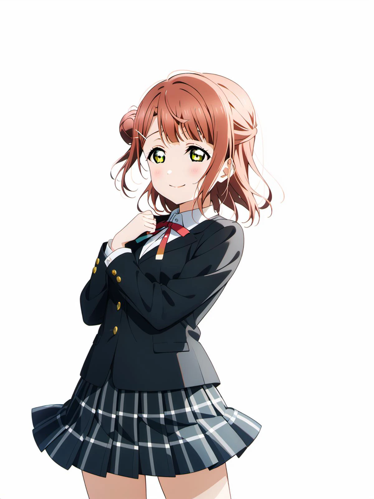 masterpiece, best quality, very aesthetic, absurdres,
<lora:Fixhands_anime_bdsqlsz_V1:0.7>,
cinematic lighting, cinematic postprocessing,
1girl, uehara ayumu, love live!, <lora:LLChar_Pony_Niji:0.75>,
yellow eyes, green eyes, hair bun, single side bun, hair ornament, bangs, medium hair, orange hair,
hairpin, braid, pink hair, hairclip, half updo,
school uniform, nijigasaki academy school uniform, winter uniform,
(ribbon, neck ribbon, red ribbon),
solo, smile, standing,
from front, cowboy shot,
simple background, (white background:1.8),