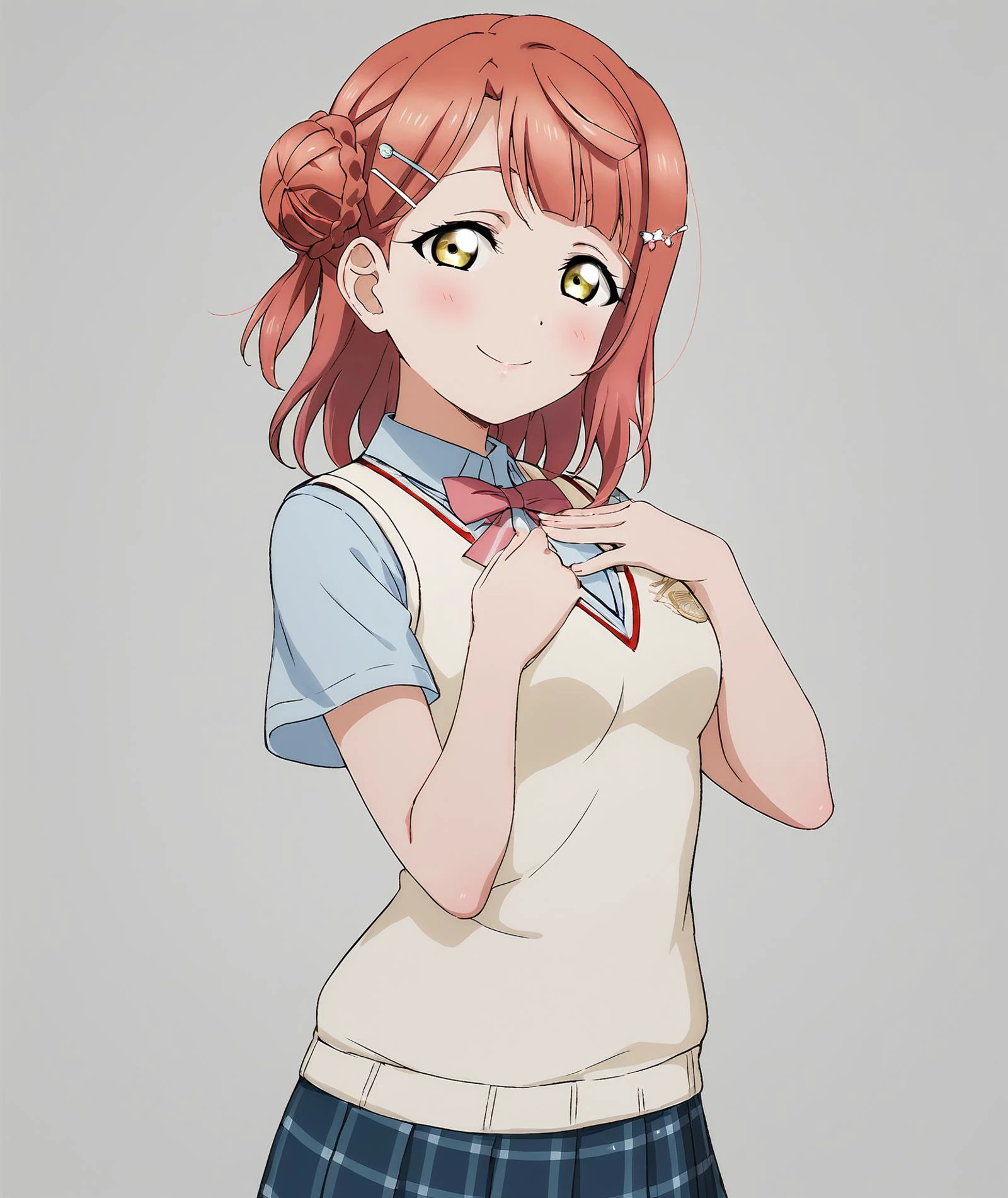 love live!, uehara ayumu, orange hair, pink hair, yellow eyes, hair bun, medium hair, bangs, single hair bun, half updo, single side bun, braid, medium breasts,
white background, hair ornament, braided bun, blunt bangs, school uniform, summer uniform, nijigasaki academy school uniform, skirt, looking at viewer, smile, sweater vest, white vest, short sleeves, plaid skirt, pleated skirt, hairclip, hand on own chest, hairpin, shirt, plaid, bow, blush, blue skirt, bowtie, pink bow, blue shirt, miniskirt, breasts, pink bowtie, socks
BREAK
score_9, score_8_up, score_7_up, score_6_up, source_anime <lora:LLChar_Pony_Niji-000020:0.7><lora:TER_Pony_1.1-000020:0.5>