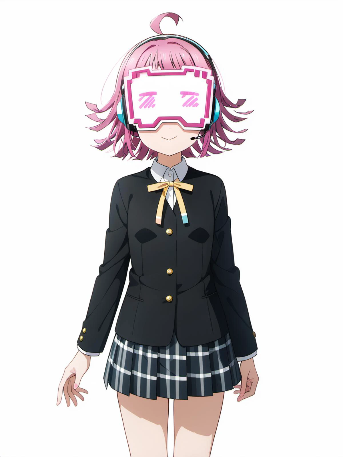 masterpiece, best quality, very aesthetic, absurdres,
<lora:neg4all_bdsqlsz_xl_V91:0.7>,<lora:HandFineTuning_XL:0.7>,
cinematic lighting:0.1, cinematic postprocessing,
1girl, tennouji rina, love live!, <lora:LLChar_Pony_Niji:0.7>,
ahoge, pink hair, headset, mask, (((face display, screen))), coverring face,
school uniform, nijigasaki academy school uniform,
(winter uniform, collarless uniform, black uniform),
(ribbon, neck ribbon, yellow ribbon),
(skirt, pleated skirt, plaid skirt,),
solo, smile, standing,
from front, cowboy shot, feet_out_of_frame,
simple background, (white background:1.8),