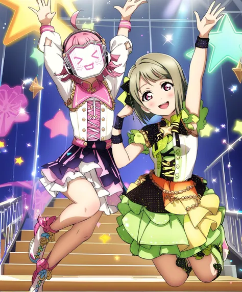 score_9, score_8_up, score_7_up, score_6_up, source_anime, love live!, 2girls, multiple girls, musical note, blush, looking at viewer, smile, open mouth, star \(symbol\), stairs, idol, stage, music, happy, performance, full body, arms up
BREAK love live!, 2girls, tennouji rina, pink hair, mask, face display, ahoge, medium hair, blunt bangs, flat chest, pink idol costume, full body <lora:LLChar_Pony_Niji-000020:0.8>
BREAK love live!, 2girls, nakasu kasumi, light greyish-brown hair, magenta eyes, asymmetrical hair, bob cut, bangs, short hair, small breasts, green idol costume, full body