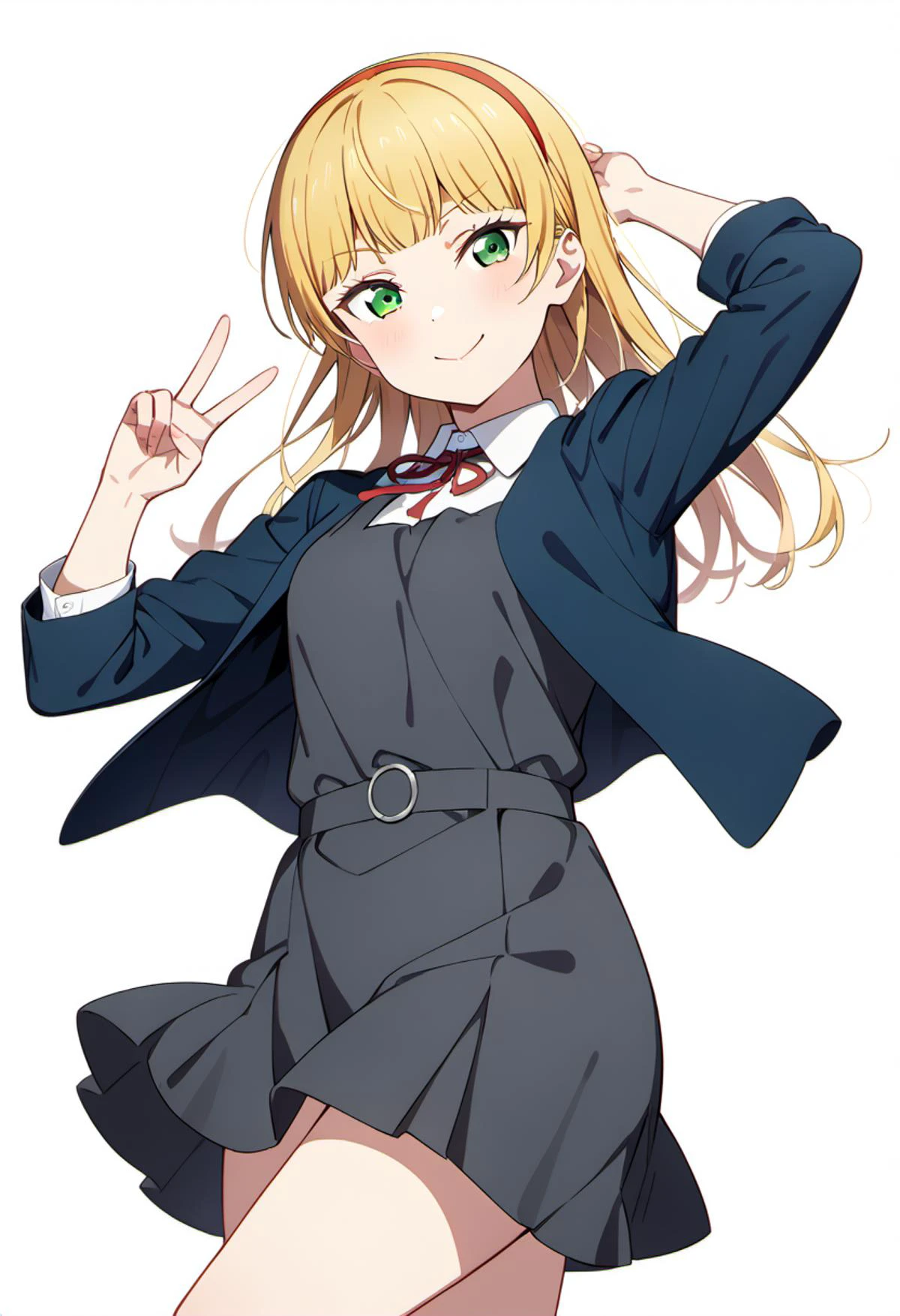 masterpiece, best quality, very aesthetic, absurdres, 4K,
<lora:perfection style:0.3> <lora:detailed:0.3> perfect,
1girl, heanna sumire, love live!,<lora:LLChar_Pony_Liella:0.7>
(green eyes,), (blonde hair, long hair,bangs, hairbandorange hairband),
(school uniform, yuigaoka school uniform),
(winter uniform, (((collarless_jacket))), blue jacket, open jacket),
(shirt, white shirt, collared shirt),
(grey dress, pinafore dress),
(red ribbon, ribbon, neck ribbon),
solo, smile, standing, v,
from front, cowboy shot, feet_out_of_frame,
simple background, (white background:1.8),