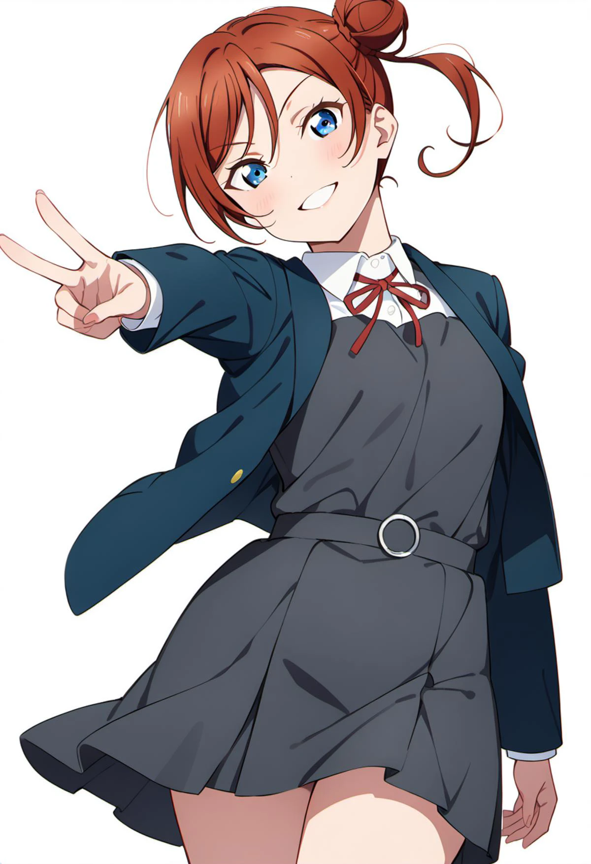 masterpiece, best quality, very aesthetic, absurdres,4K,
<lora:perfection style:0.3><lora:detailed:0.3> perfect,
1girl, yoneme mei, love live!,<lora:LLChar_Pony_Liella:0.7>
blue eyes,
hair bun, red hair, bangs, short hair, single side bun,
school uniform, yuigaoka school uniform,
winter uniform, ((collarless_jacket)), blue jacket, open jacket,
shirt, white shirt, collared shirt,
grey dress, pinafore dress,
red ribbon, ribbon, neck ribbon,
solo, smile, standing, v,
from front, cowboy shot, feet_out_of_frame,
simple background, (white background:1.8),