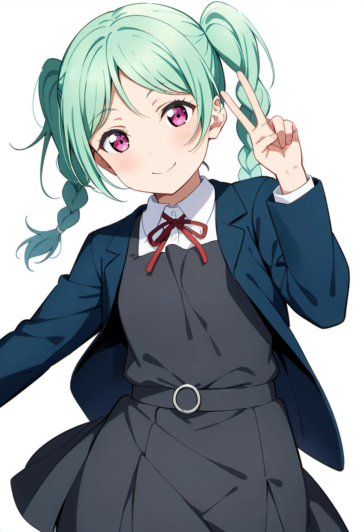 masterpiece, best quality, very aesthetic, absurdres,4K,
<lora:perfection style:0.3><lora:detailed:0.3> perfect,
1girl, onitsuka tomari, love live!,<lora:LLChar_Pony_Liella:0.7>
pink eyes,
((parted bangs)),light_green_hair, (((twin braids, braid, twintails))),
school uniform, yuigaoka school uniform,
winter uniform, ((collarless_jacket)), blue jacket, open jacket,
shirt, white shirt, collared shirt,
grey dress, pinafore dress,
red ribbon, ribbon, neck ribbon,
solo, smile, standing, v,
from front, cowboy shot, feet_out_of_frame,
simple background, (white background:1.8),
