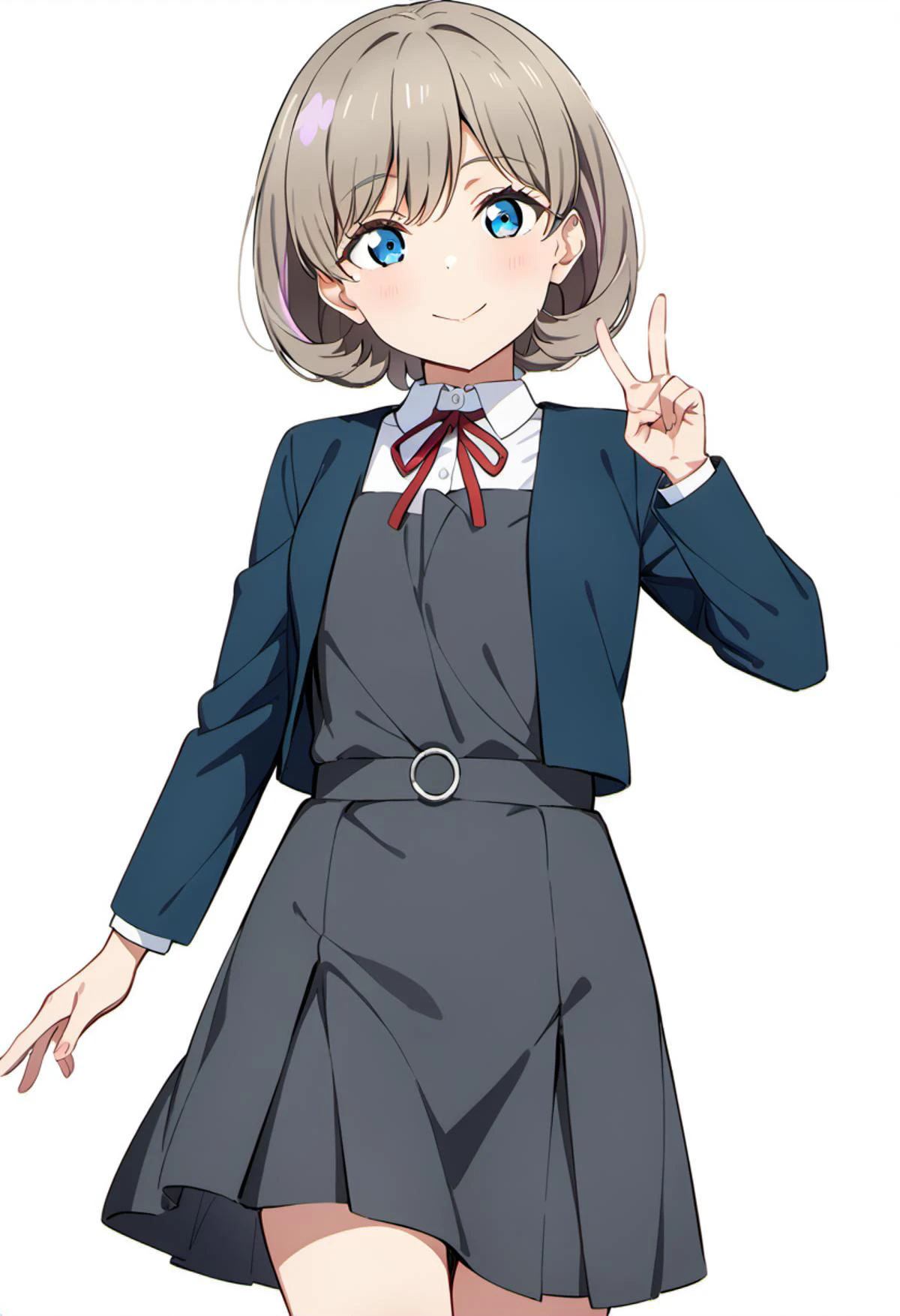 masterpiece, best quality, very aesthetic, absurdres, 4K,
<lora:perfection style:0.3> <lora:detailed:0.3> perfect,
1girl, tang keke, love live!,<lora:LLChar_Pony_Liella:0.7>
(blue eyes),
(grey hair, pink hair, multicolored hair, bangs, short hair),
(school uniform, yuigaoka school uniform),
(winter uniform, (((collarless_jacket))), blue jacket, open jacket),
(shirt, white shirt, collared shirt),
(grey dress, pinafore dress),
(red ribbon, ribbon, neck ribbon),
solo, smile, standing, v,
from front, cowboy shot, feet_out_of_frame,
simple background, (white background:1.8),
