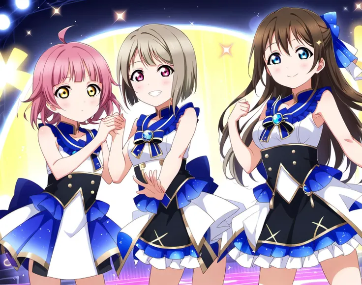 score_9, score_6_up, score_5_up, score_4_up, source_anime, masterpiece, best quality, hires,2D,love live!,big_head,glossy skin,
sparkle,idol stage,stage lights, audience,,standing, sparkle,narrow waist,
(3girls,side-by-side, cute:1.2),blush,idol,idol_dress,
BREAK,
tennouji rina,ahoge, pink hair, yellow eyes, bangs,short hair, blunt bangs,flat chest, expressionless, <lora:LLChar_Pony_Niji:0.8>
BREAK,
nakasu kasumi, light greyish-brown hair, magenta eyes, asymmetrical hair, bob cut, bangs, short hair, small breasts,grin,
BREAK,
ousaka shizuku, brown hair, blue eyes, long hair, bangs,half updo, medium breasts,
hair ornament, half updo, hair between eyes, sidelocks,smile,