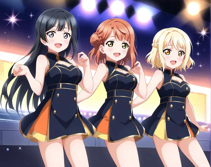 score_9, score_6_up, score_5_up, score_4_up, source_anime, masterpiece, best quality, hires,2D,love live!,big_head,glossy skin,
sparkle,idol stage,stage lights, audience,,standing, sparkle,narrow waist,
(3girls,cute:1.1),blush,idol,idol_dress,excited,
BREAK,
yuuki setsuna, black hair, grey eyes, long hair, bangs, sidelocks, medium breasts,excited, <lora:LLChar_Pony_Niji:0.8>
BREAK,
uehara ayumu, orange hair, yellow eyes, hair bun, medium hair, bangs, single hair bun, half updo, single side bun, braid, medium breasts,
BREAK,
miyashita ai, blonde hair, orange eyes, braid,short hair, large breasts,wavy hair,