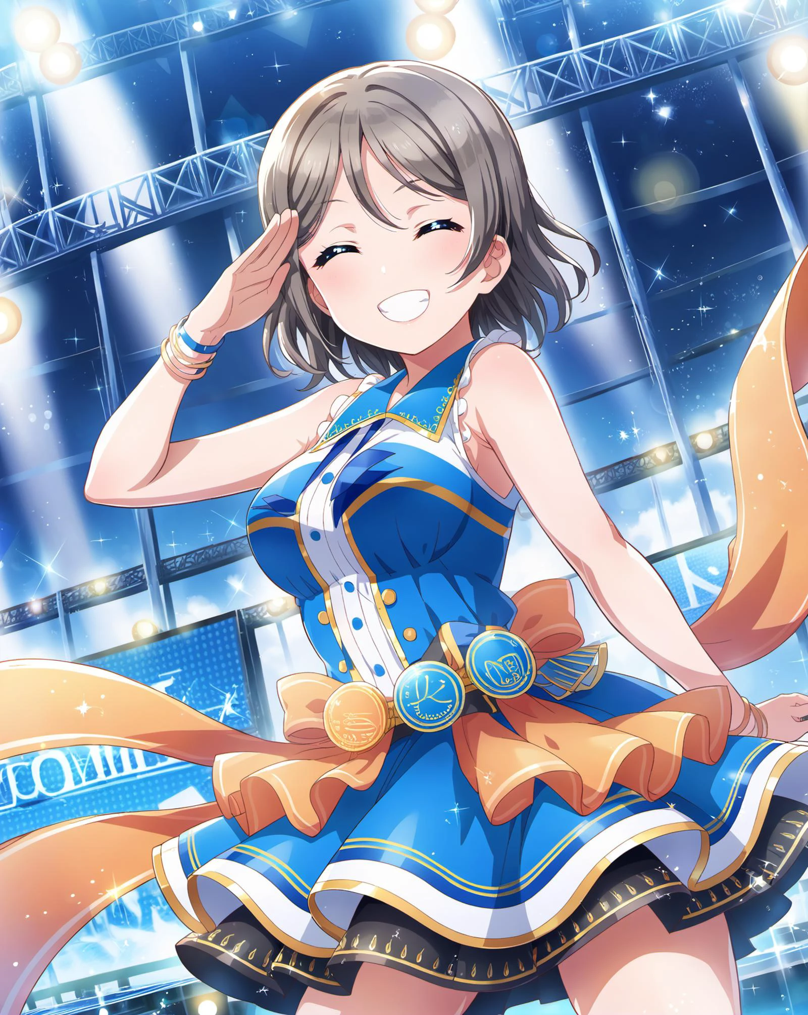 score_9, score_6_up, score_5_up, score_4_up, source_anime, masterpiece, best quality, hires,2D,love live!,big_head,glossy skin,
sparkle,idol stage,stage lights, audience,
(watanabe you:1.1),large breasts,open mouth, grey hair, looking at viewer,short hair, salute,grin,closed eyes,
1girl,solo,idol,idol_dress,excited,cowboy shot,dutch angle,bare shoulders,summer, <lora:LLChar_Pony_Aq:0.8>,