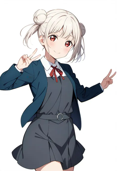 masterpiece, best quality, very aesthetic, absurdres, 4K, 
<lora:perfection style:0.3> <lora:detailed:0.3>  perfect,
1girl, arashi chisato, love live!,<lora:LLChar_Pony_Liella:0.7>
(red eyes,), (white hair, hair bun, double bun, bangs, twintails, blunt bangs),
(school uniform, yuigaoka school uniform),
(winter uniform, (((collarless_jacket))), blue jacket, open jacket),
(shirt, white shirt, collared shirt),
(grey dress, pinafore dress),
(red ribbon, ribbon, neck ribbon),
solo, smile, standing, v,
from front, cowboy shot, feet_out_of_frame,
simple background, (white background:1.8),