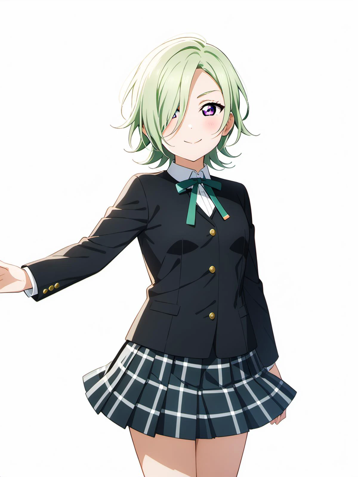 masterpiece, best quality, very aesthetic, absurdres,
<lora:Fixhands_anime_bdsqlsz_V1:0.7>,<lora:HandFineTuning_XL:0.7>,
cinematic_lighting:0.1, cinematic_postprocessing,
1girl, mia taylor, love live!, <lora:LLChar_Pony_Niji:0.7>,
1short hair, hair over one eye, light_green_hair, bangs, purple eyes,
school uniform, nijigasaki academy school uniform,
(winter uniform, collarless uniform, black uniform),
(ribbon, neck ribbon, green ribbon),
(skirt, pleated skirt, plaid skirt,),
solo, smile, standing,
from front, cowboy shot, feet_out_of_frame,
simple background, (white background:1.8),