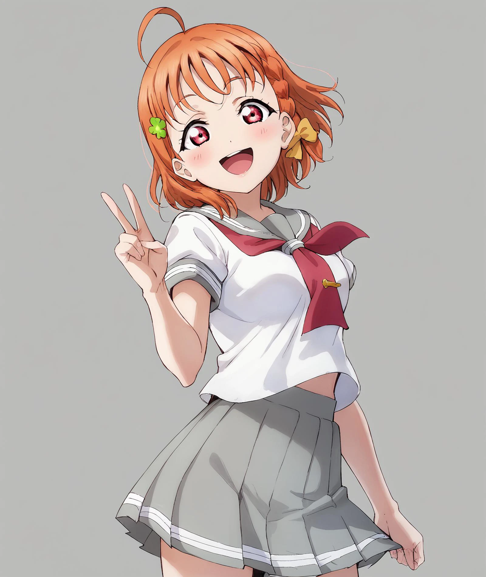 takami chika, love live!, orange hair, red eyes, short hair, ahoge, braid, medium breasts,
white background, school uniform, skirt, uranohoshi school uniform, clover hair ornament, red eyes, open mouth, grey skirt, serafuku, v, pleated skirt, smile, looking at viewer, bow, hair bow, hair ornament, yellow bow, neckerchief, short sleeves, :d, short hair, shirt, bangs, red neckerchief, side braid, white shirt, cowboy shot, miniskirt, blush, tie clip, standing, sailor collar
BREAK
score_9, score_8_up, score_7_up, score_6_up, source_anime <lora:LLChar_Pony_Aq-000020:0.8><lora:TER_Pony_1.1-000020:0.5>