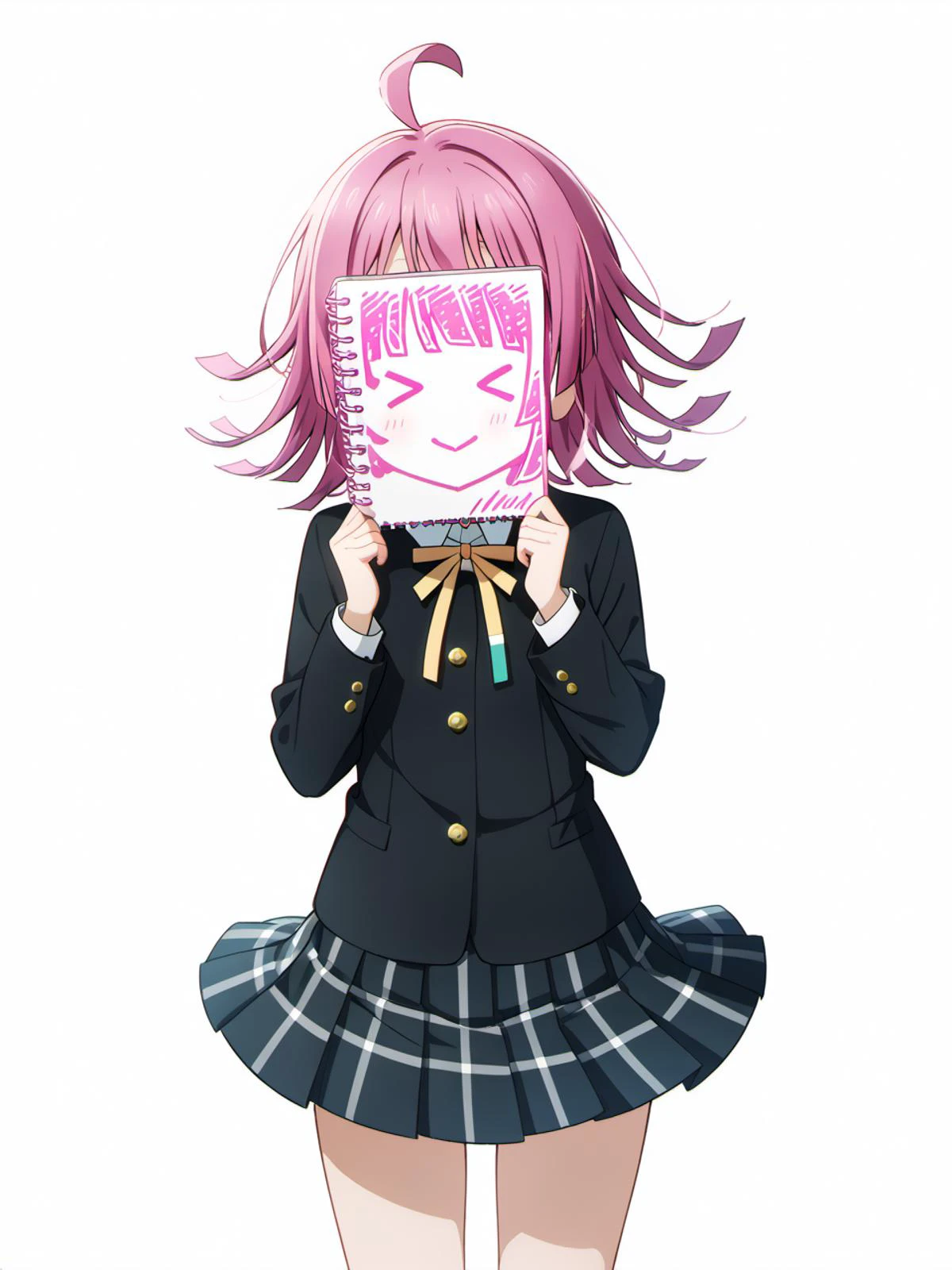 masterpiece, best quality, very aesthetic, absurdres,
<lora:neg4all_bdsqlsz_xl_V91:0.7>,<lora:HandFineTuning_XL:0.7>,
cinematic lighting:0.1, cinematic postprocessing,
1girl, tennouji rina, love live!, <lora:LLChar_Pony_Niji:0.7>,
ahoge, pink hair, mask, face notebook,(pink notebook), coverring face, hands up,
school uniform, nijigasaki academy school uniform,
(winter uniform, collarless uniform, black uniform),
(ribbon, neck ribbon, yellow ribbon),
(skirt, pleated skirt, plaid skirt,),
solo, smile, standing,
from front, cowboy shot, feet_out_of_frame,
simple background, (white background:1.8),