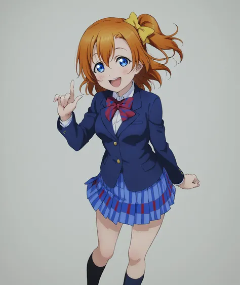 kousaka honoka, love live!, orange hair, blue eyes, medium hair, side ponytail, medium breasts
white background, skirt, school uniform, otonokizaka school uniform, one side up, jacket, bow, open mouth, blazer, hair bow, looking at viewer, pleated skirt, bowtie, smile, winter uniform, yellow bow, striped bow, blue skirt, striped, blush, plaid, plaid skirt, striped bowtie, standing, red bow, long sleeves, miniskirt, :d, kneehighs, socks, hair between eyes
BREAK
score_9, score_8_up, score_7_up, score_6_up, source_anime <lora:LLChar_Pony-000020:0.8><lora:TER_Pony_1.1-000020:0.5>