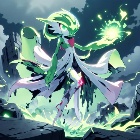 <lora:AcidMagic-22:0.8>,AcidMagic , fantasy, toxic corrosion , acid aura,
best quality, (Masterpiece) , simple background , full body , dynamic pose,glowing skin,
<lora:gardevoir_V2:1>, (acid green hair), acid green skin , hair over one eye, multicolored skin, pokemon \(creature\), green eyes, short hair, two-tone skin, white skin , cloudy sky, wide shot, glowing eyes, floating object, rocks, gardevoir , <lora:MintSlimeSkin3:0.3>