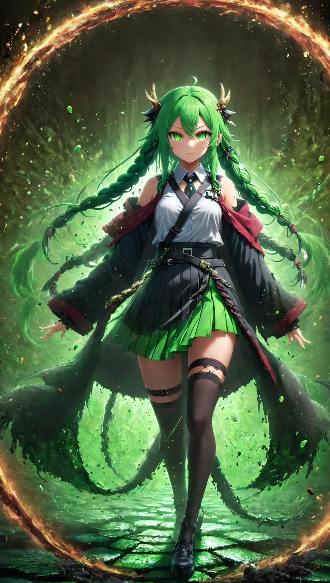 anime artwork (((Ultra-detailed, Hyper-realistic, 8k, highres, masterpiece, full body))),(((epic-Ultra-HD-details, epic-Ultra-HD-highlights, upscaled-resolution, optimal))),<lora:More_interesting_backgrounds:0.8>,IBG,1woman,<lora:mitsurikanroji-lora-nochekaiser:0.8>,mitsuri kanroji,braid,gradient hair,(green eyes:1.5),green hair,long hair,mole,mole under eye,multicolored hair,pink hair,twin braids,two-tone hair,belt,black skirt,cleavage,coat,demon slayer uniform,haori,japanese clothes,long sleeves,miniskirt,partially unbuttoned,pleated skirt,skirt,uniform,lime green thigh high,<lora:more_details:1>,<lora:Dark_Particles_Style_SDXL:0.8>,ais-darkpartz,<lora:add-detail-xl:1>,Details++,<lora:!action-sdxl-V0.5:0.8>,zdyna_pose,from below,<lora:AcidMagic:0.8>,AcidMagic,fantasy,toxic corrosion,acid aura,<lora:magic circle:0.8>,magic circle,, anime style, key visual, vibrant, studio anime, highly detailed