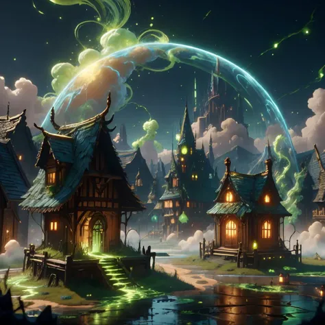 <lora:AcidMagic-22:0.9>,AcidMagic , fantasy, toxic corrosion , acid aura,
magical barrier over a village