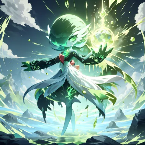 best quality, (Masterpiece),intricate, detailed, full body, simple background , dynamic pose, <lora:gardevoir_V2:1>, (green hair:1.3), green skin , hair over one eye, multicolored skin, pokemon \(creature\), green eyes, short hair, two-tone skin, white skin , cloudy sky, wide shot, artists (kionant:0.8), <lora:maplestory1Style:0.8>,glowing eyes, floating object, rocks, mesa, realistic,<lora:AcidMagic-22:0.8>,AcidMagic , fantasy, toxic corrosion , acid aura,