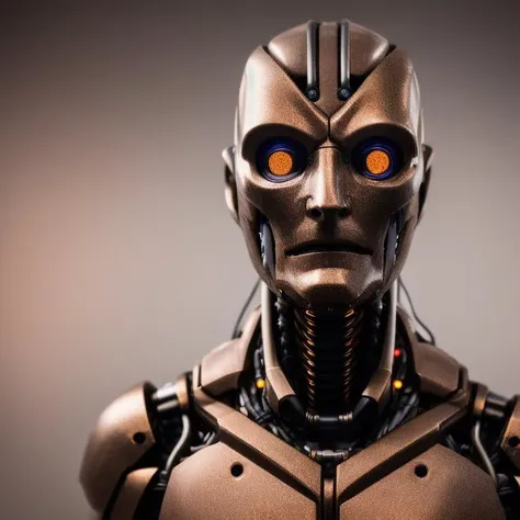 a humanoid lauterbach man biomechanical bronze with a head full of wires and a light cold on it's face and neck, in a dark room in a dark room with a red light behind him, unreal engine 5 highly rendered, cyberpunk art, les automatistes, raw photo of detailed skin, clear face