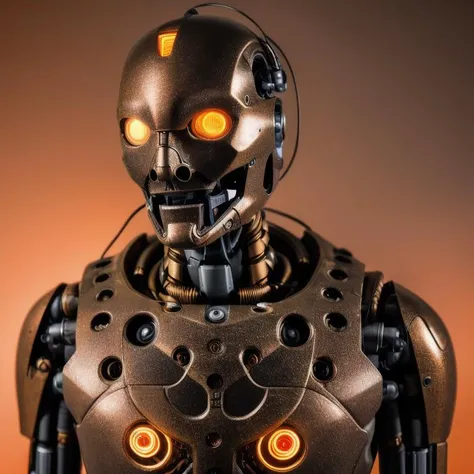 a humanoid lauterbach robot biomechanical bronze with a head full of wires and a light cold on it's face and neck, in a dark room in a dark room with a red light behind him, unreal engine 5 highly rendered, cyberpunk art, les automatistes, raw photo of detailed skin, clear face
