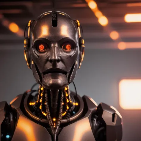 a humanoid lauterbach man biomechanical bronze with a head full of wires and a light cold on it's face and neck, in a dark room in a dark room with a red light behind him, unreal engine 5 highly rendered, cyberpunk art, les automatistes, raw photo of detailed skin, clear face