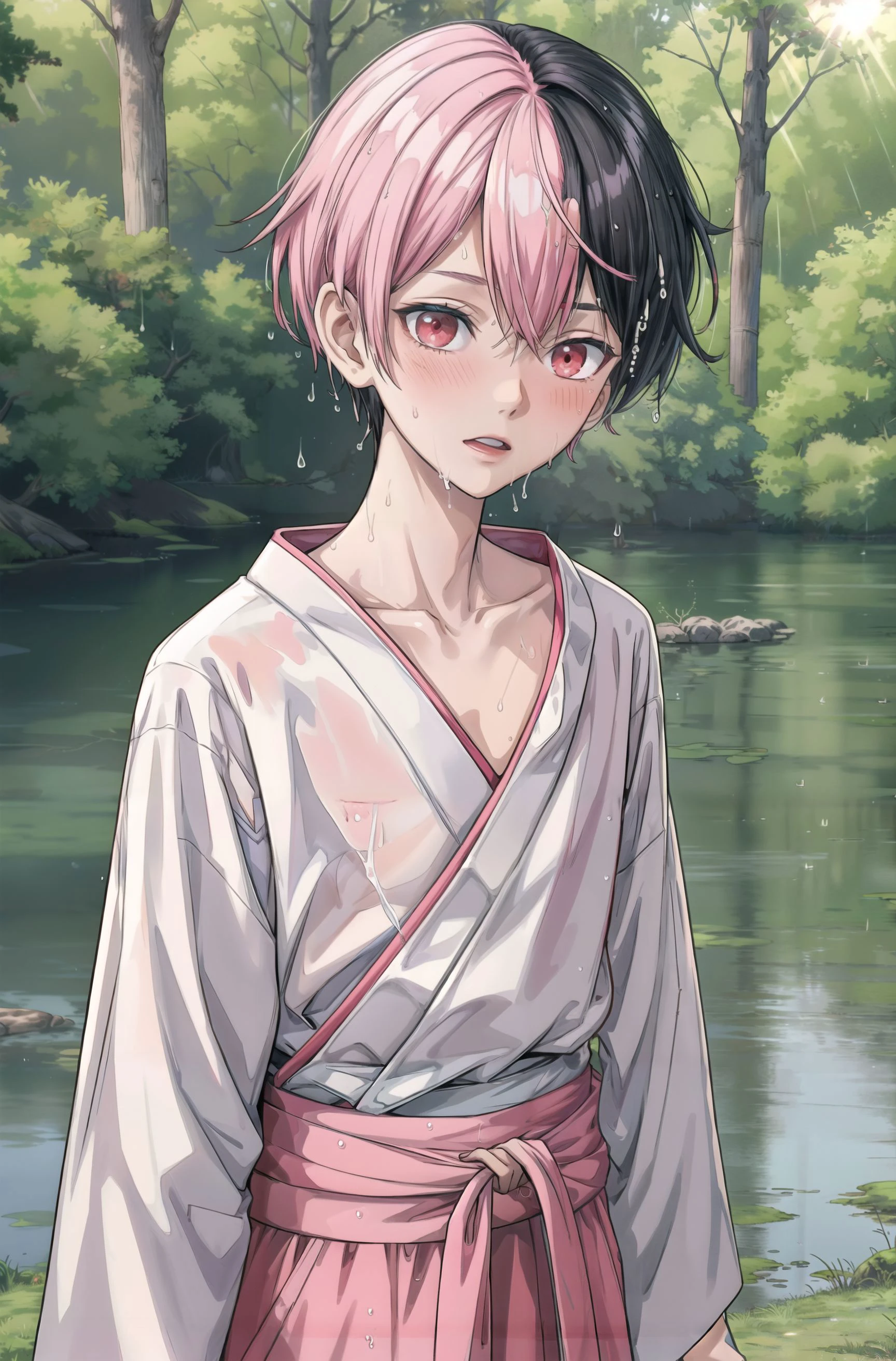 (1boy:1.1), male focus, upper body, collarbone, narrow waist, slim, black hair, pink hair, multi hair color, medium hair, (undercut:1.1), red eyes, Japanese clothes, white clothing, blush, looking at viewer, wet, marsh in background, tree, sunlight, detailed skin, high quality, masterpiece,
<lora:add_detail:0.5>