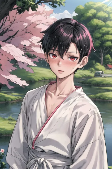 (1boy:1.1), male focus, upper body, , 16 yek top, collarbone, narrow waist, slim, black hair, pink hair, multi hair color, medium hair, (undercut:1.1), red eyes, blush, looking at viewer, wet, marsh in background, tree, boat, detailed skin, high quality, masterpiece, sunlight,
<lora:add_detail:0.6>