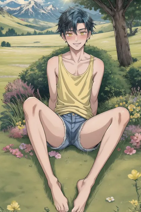 (1boy:1.1), male focus, teen, 18 years old, sitting on grass, narrow waist, slim, black hair, blue hair, multi hair color, fluffy hair, yellow eyes, eyes, tank top, shirt lift, shorts, barefoot, smile, blush, sunlight, tree, flower, mountain, detailed skin, high quality, masterpiece