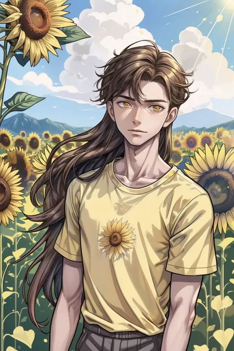 1boy, upper body, yellow t-shirt, long hair, teen, 18 years old, brown hair, sunlight, sunflower, grass field, cloud, hill, sun, masterpiece, best quality, 
 <lora:add_detail:1> <lora:boldline:0.3> <lora:Cosmic anime-oil fusion v2:0.7>