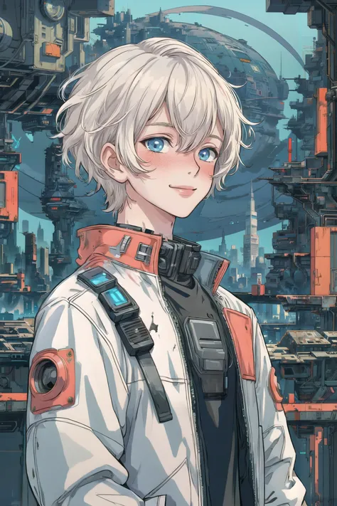 (1boy, male focus:1.1), leaning back, white hair, blue eyes, jacket, upper body, closed mouth, light smile, (cyberpunk:1.1), city, tower, metal, rust, dirty, smoke, flat color, anime, masterpiece, high quality, best quality