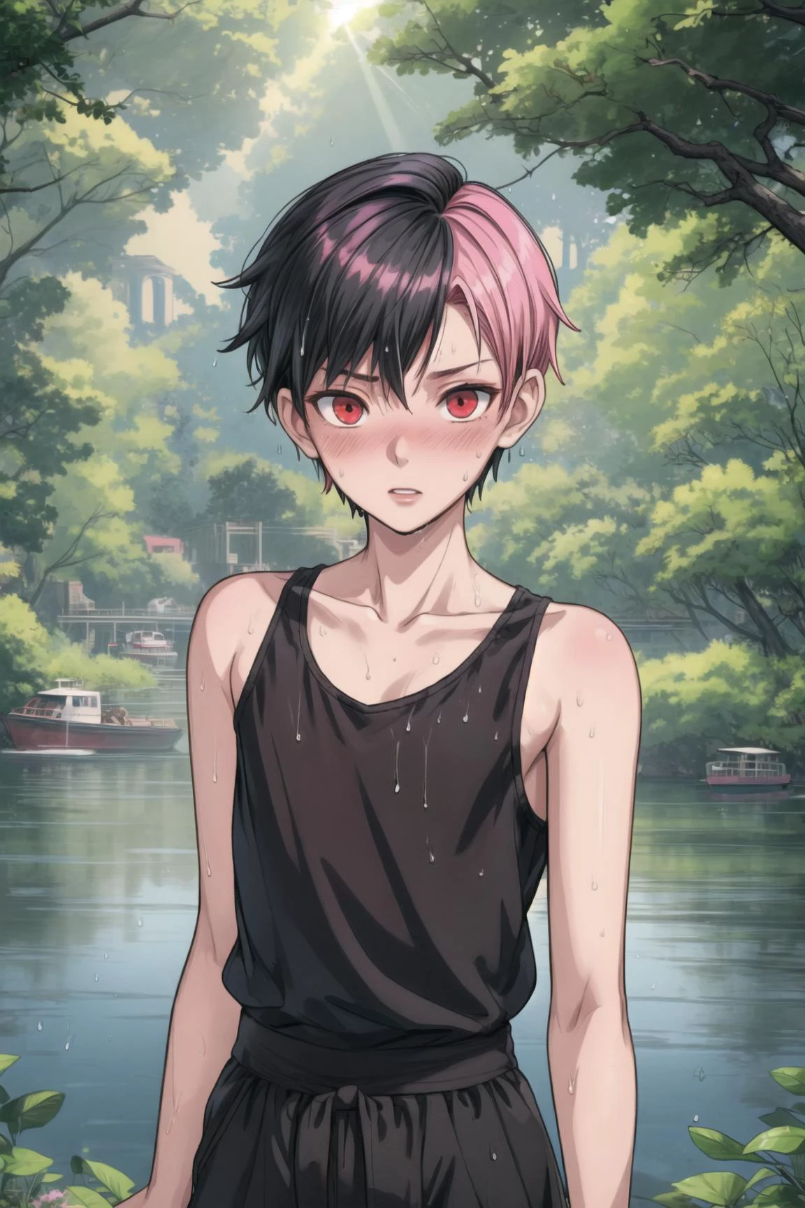 (1boy:1.1), male focus, upper body, , 16 yek top, collarbone, narrow waist, slim, black hair, pink hair, multi hair color, medium hair, (undercut:1.1), red eyes, blush, looking at viewer, wet, marsh in background, tree, boat, detailed skin, high quality, masterpiece, sunlight,
<lora:add_detail:0.6>