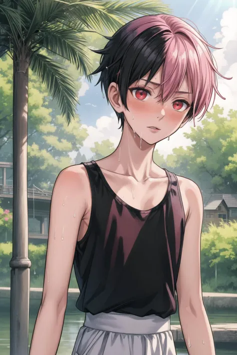 (1boy:1.1), male focus, upper body, *****, ************, tank top, collarbone, narrow waist, slim, black hair, pink hair, multi hair color, medium hair, (undercut:1.1), red eyes, blush, looking at viewer, wet, marsh in background, tree, boat, detailed skin, high quality, masterpiece, sunlight,
<lora:add_detail:0.6>