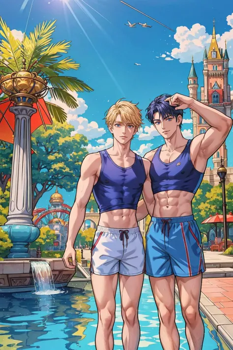 (2boys, duo), poloroid, detailed, (two gorgeous muscular man standing together enjoying the enchantment of a famous amusement park), wearing loose tank tops and shorts with a majestic castle and vibrant attractions as the backdrop, summer day, sun beaming down, fountains, 8k