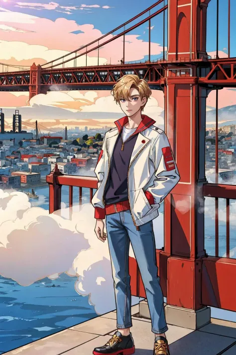 1boy, masterpiece, detailed, a fashionable individual posing with the Golden Gate Bridge in the background, surrounded by the classic San Francisco fog and the cityscape, 8k