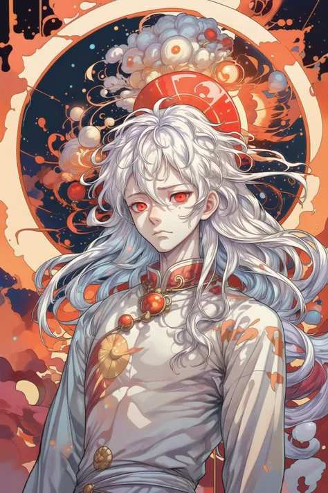 1boy, upper body, white hair, red eyes, gold necklace, gem, slim, narrow waist, male focus, long hair, fluffy hair, sad face, Chinese clothes, sun in background, sunlight, masterpiece, best quality,
<lora:Cosmic anime-oil fusion v2:1>
<lora:add_detail:1>