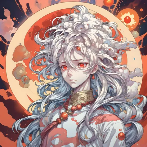 1boy, upper body, white hair, red eyes, gold necklace, gem, slim, narrow waist, male focus, long hair, fluffy hair, sad face, Chinese clothes, sun in background, teen, ************, sunlight, masterpiece, best quality, 
<lora:Cosmic anime-oil fusion v2:1>
 <lora:add_detail:1>