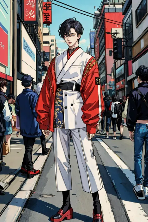 1boy, masterpiece, photoshoot, trendsetting model in eclectic K-fashion, posing on the bustling streets of Myeongdong, surrounded by billboards with K-pop idols, (dynamic street style blending tradition and modernity), detailed, 8k