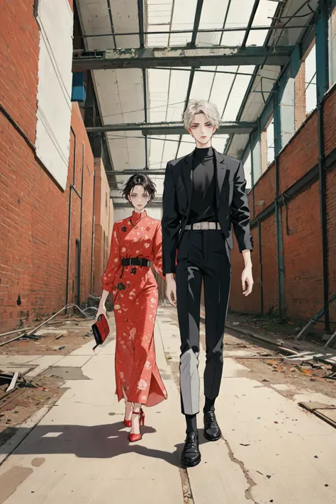 2 people, duo, fashion photography, a male and female model outrageous avant grade fashion, abandoned warehouse in the background, detailed,