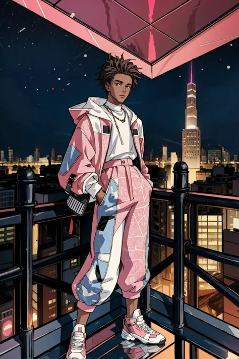 1boy, masterpiece, photoshoot, sculpted African American model in pink avant-garde streetwear, striking a pose against a cityscape, (dynamic patterns and city lights creating visual drama), towering skyscrapers framing the background, detailed, 8k,