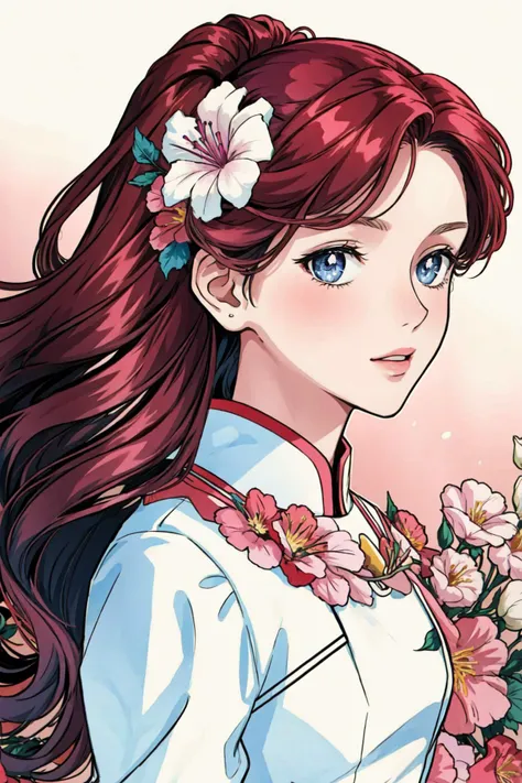 masterpiece, best quality, 1girl, flowers, flat color, lineart, dreamwave, aesthetic
