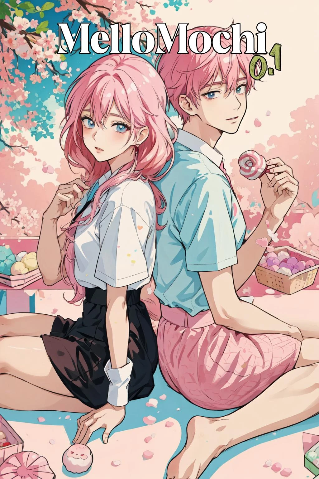 2people, duo, a beautiful guy and girl with pink hair sitting back to back on top of a giant pile of mochi, mochi candy, detailed, candy pieces, pastel colors,