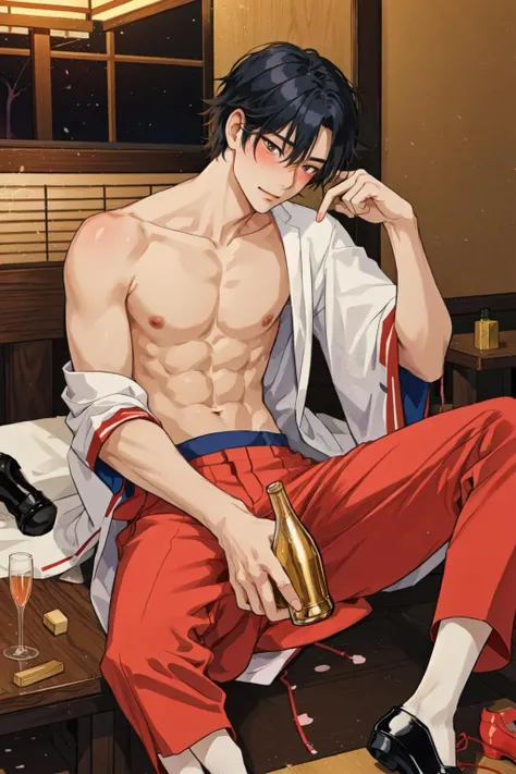 1boy, a sexy shirtless japanese man sitting in the booth of a Japanese host club, drunk, blushing, colorful club lighting, messy hair, dress pants and expensive shoes, empty champagne bottles,