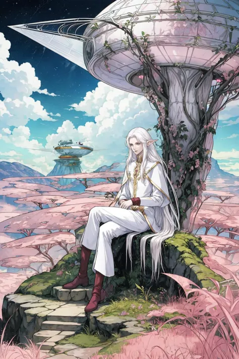 1boy, (tall pale high elf druid,long white hair:1.3), sitting in a garden on top of a futuristic metal castle, (overlooking alien planet), ((pink grass:1.1)), alien building, (starship in sky), vines
