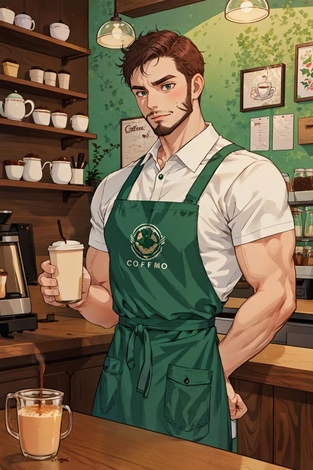 1boy, bara, handsome muscular barista working at a coffee shop, green apron, facial hair, flustered, coffee shop
