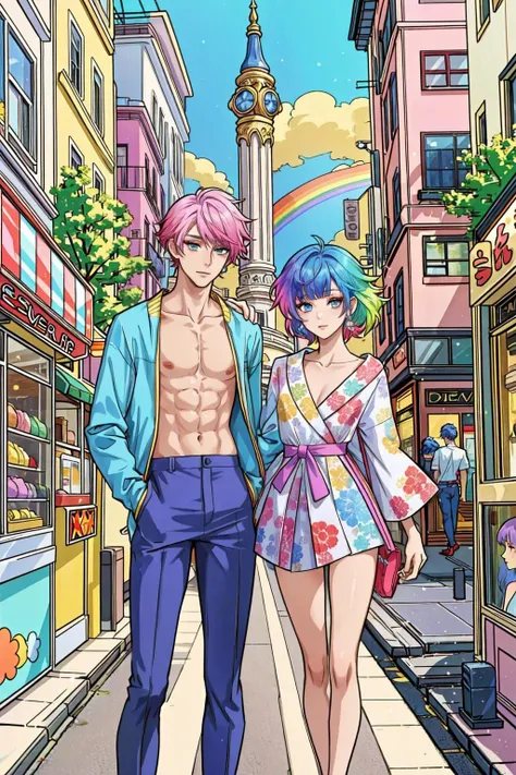 2people, duo, masterpiece, detailed,(a tall shirtless male model with rainbow hair standing next to a gorgeous woman), showcasing eclectic street fashion in the vibrant Harajuku district, couture, with colorful boutiques and unique storefronts as the backdrop, 8k