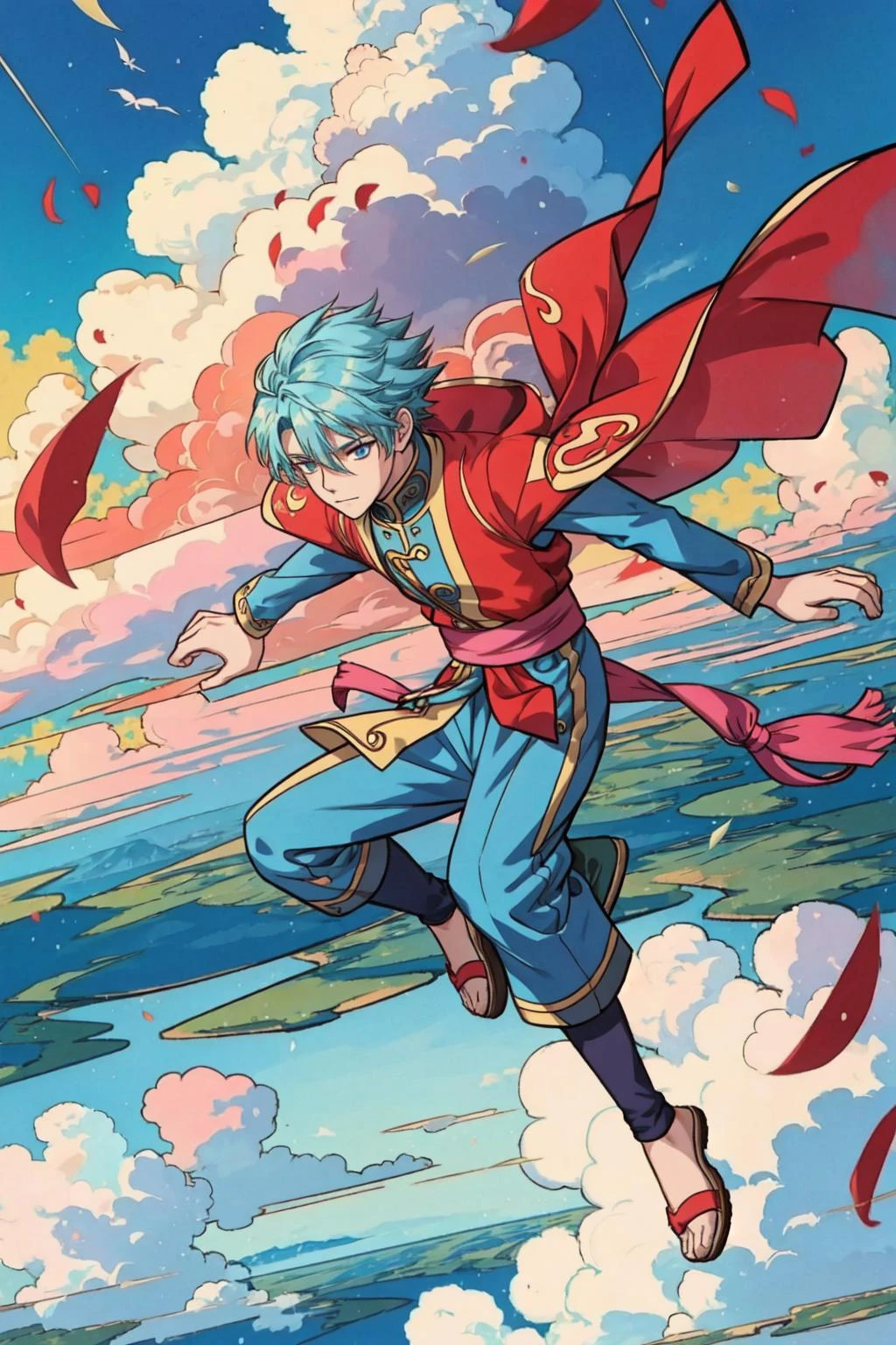1boy, anime screenshot, detailed, agile airbender soaring through the sky, surrounded by swirling gusts of wind and floating leaves, with distant clouds and a tranquil landscape below, 8k