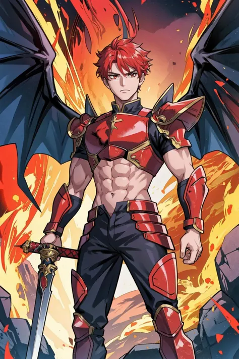 1boy, manga cover, detailed, fierce msucular warrior with crimson armor and flaming sword, abs, biceps, giant black wings, standing against a backdrop of blazing inferno, 8k